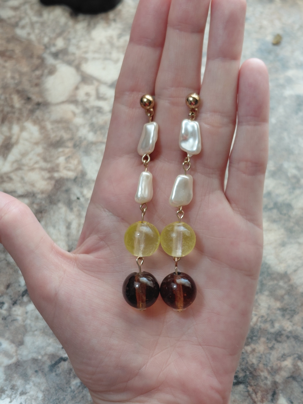 Vintage Yellow and Brown Bead with Faux Pearl Hanging Gold Tone Earrings